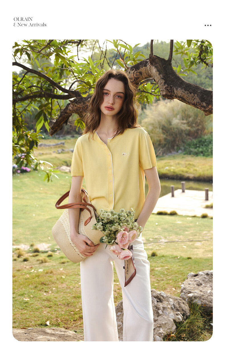 Olrain Eurielle Commuter Simple Ice Silk Fake Two-Piece Knit Cardigan Women Summer Short Sleeve Top Yellow M 9