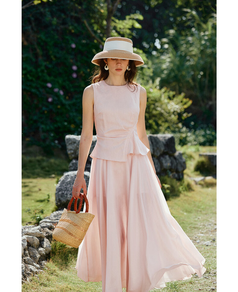Olrain Eurier Summer Lyocell Linen Dress Women Fake Two-Piece Vest Dress Light Pink M 17
