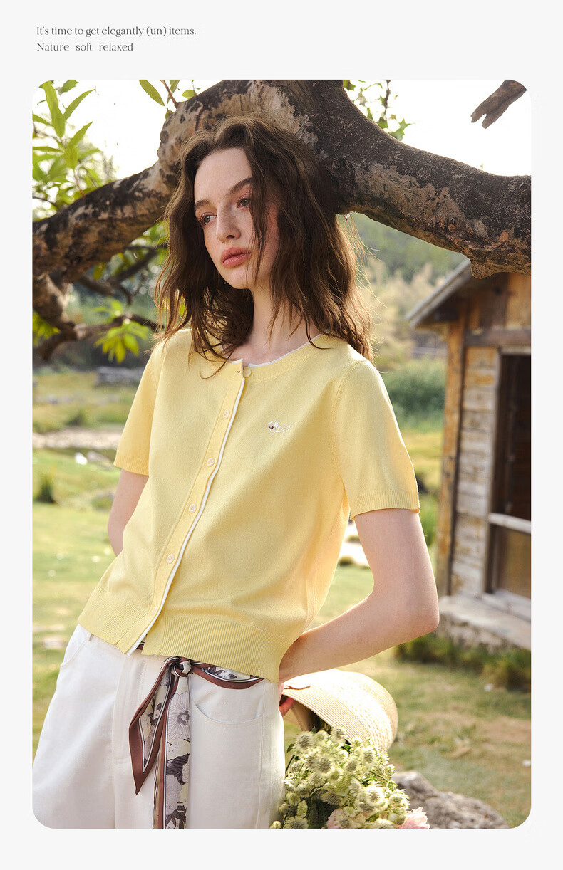 Olrain Eurielle Commuter Simple Ice Silk Fake Two-Piece Knit Cardigan Women Summer Short Sleeve Top Yellow M 14