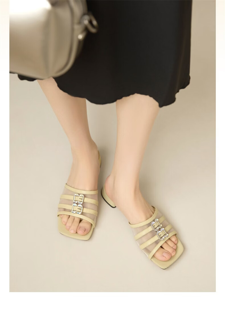 Eierkang Niche Low-Heel Open-Toe Slide Sandals Women Square Toe Low-Heel Mom Shoes 27602W Yellow Size 35 5