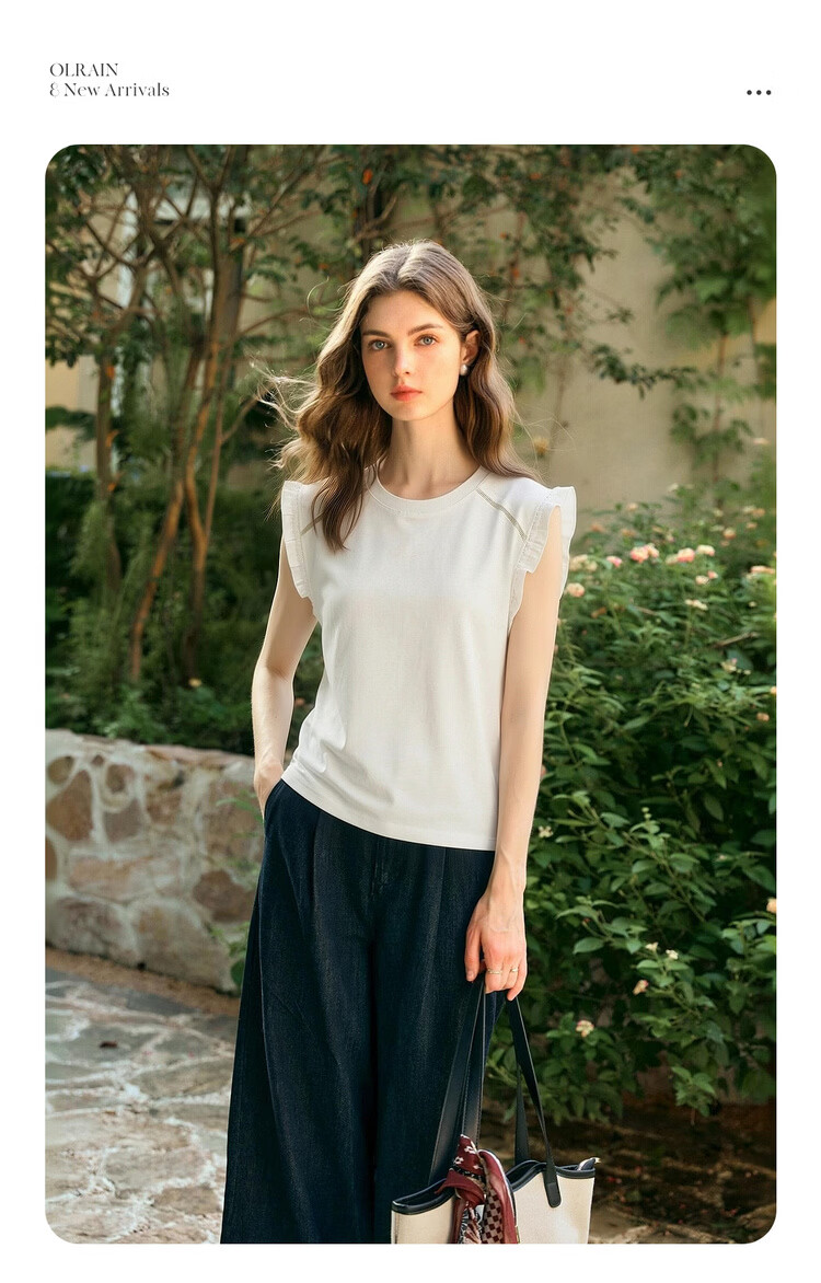 Olrain French Style Ruffled Sleeve Summer Casual Commuter Pullover T-Shirt for Women White L 2