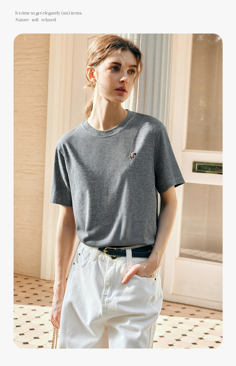 Olrain Eurail Summer New Round Neck Casual Fashion Versatile Embroidered Short Sleeve T-Shirt for Women Gray S 7