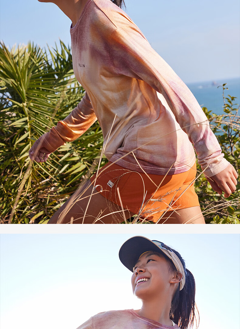 BEIN SPACE Spring New Merino Wool Handmade Tie-Dye Sports Outdoor Breathable Long Sleeve T-Shirt J026 Sunset Orange L 18