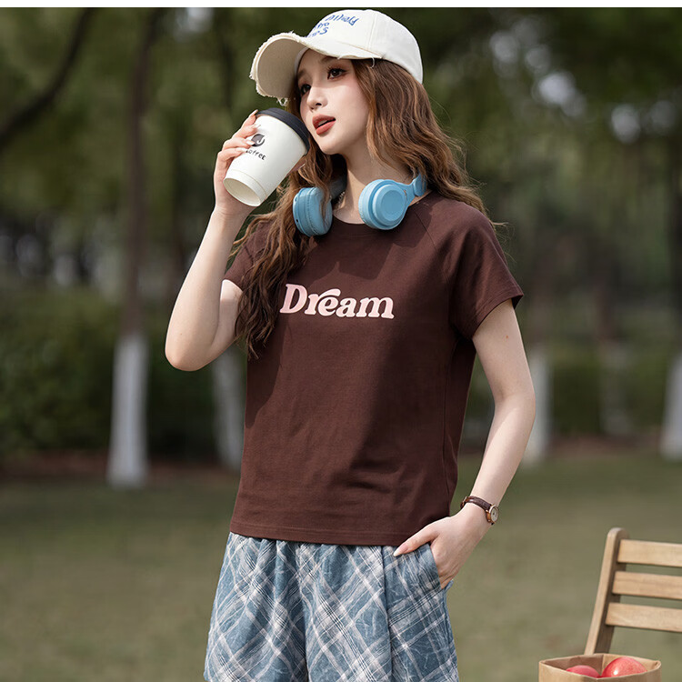 TonLion 2026 Summer Women's Text Print Short Sleeve T-Shirt Dark Coffee Brown L 4