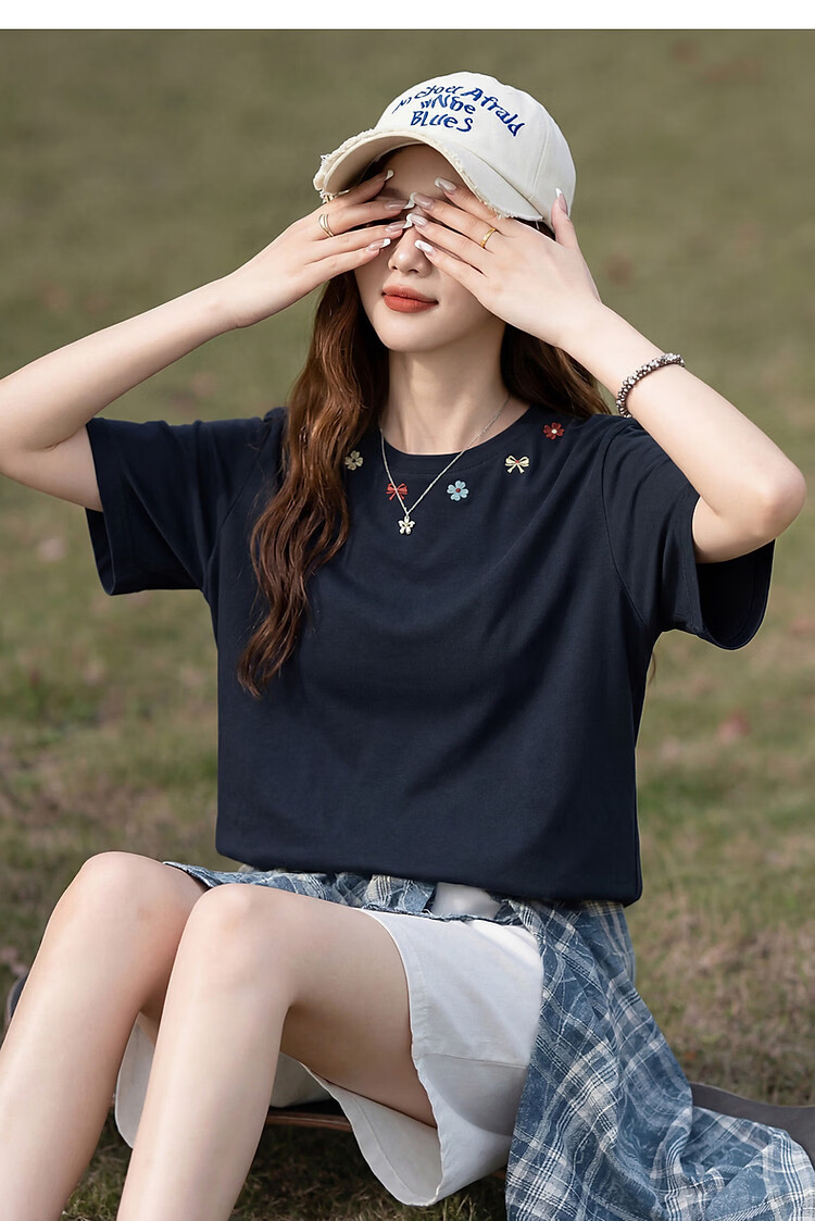 TonLion 2026 Summer New Women's Short Sleeve T-Shirt Round Neck Navy Blue Pure Cotton Unique Design Shoulder Top Trend 7