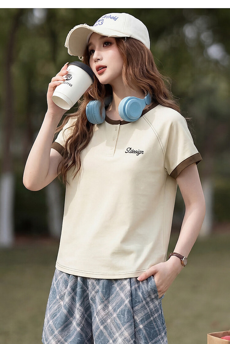 TonLion 2026 Summer Women's Colorblock Mid-Length Short Sleeve T-Shirt Navy Blue L 13