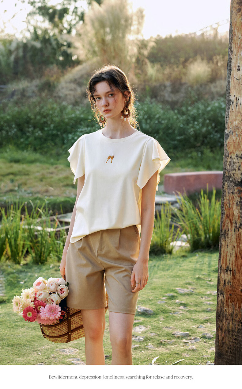 Olrain French Style Short Sleeve T-Shirt Women Summer New Loose Casual Commuting Ruffle Sleeve Top Yellow S 13