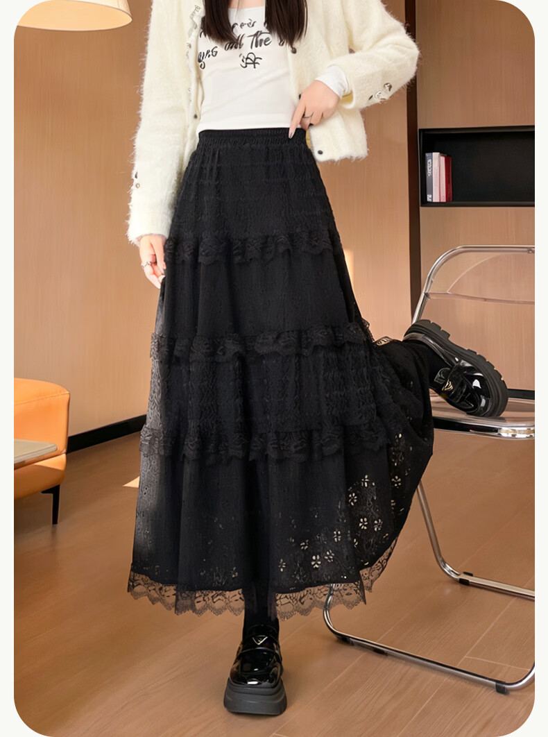 Langsha Women's Summer New Fashion Lace Cake Skirt Slim Fit A-Line Skirt Casual Versatile Skirt 23