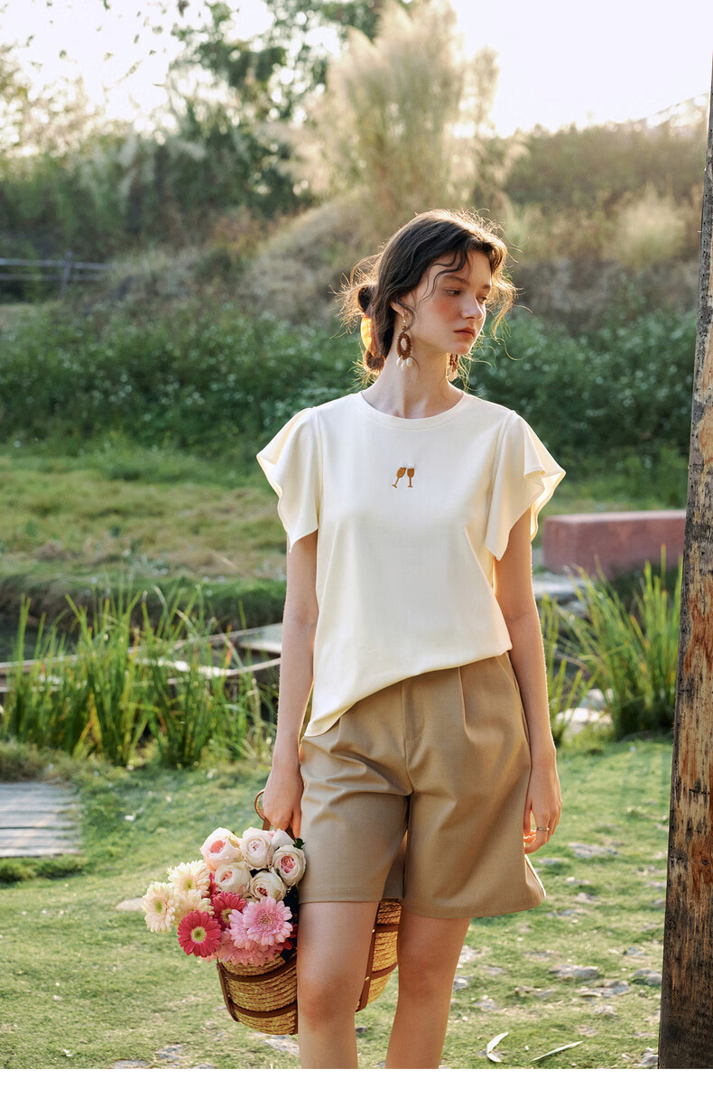 Olrain French Style Short Sleeve T-Shirt Women Summer New Loose Casual Commuting Ruffle Sleeve Top Yellow S 19