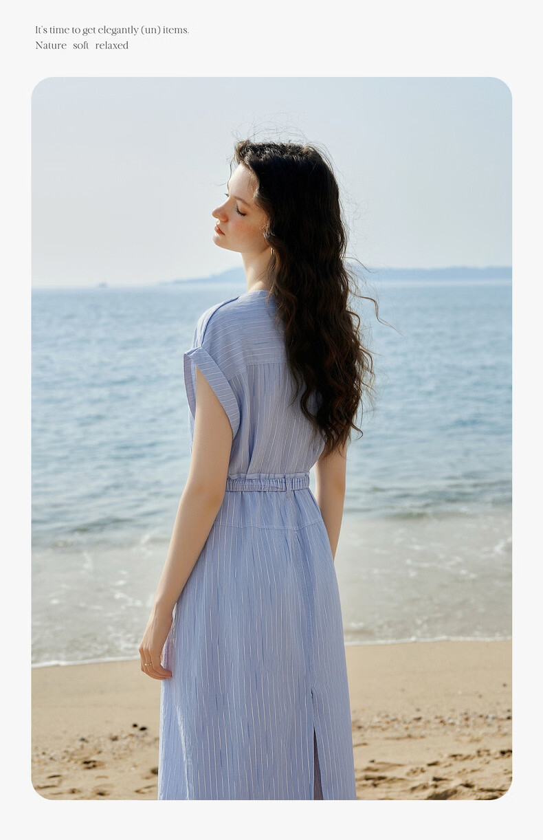 Olrain European Style Summer French Commuter Striped Shirt Dress Waist Slimming Elegant Short Sleeve Dress Blue S 7