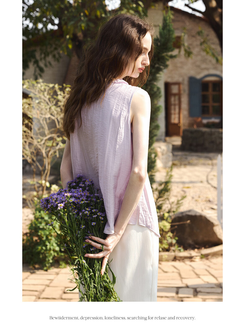 Olrain French Style Heavy Embroidered Ruffled V-Neck Sleeveless Shirt Women Summer New Loose Top Purple S 20