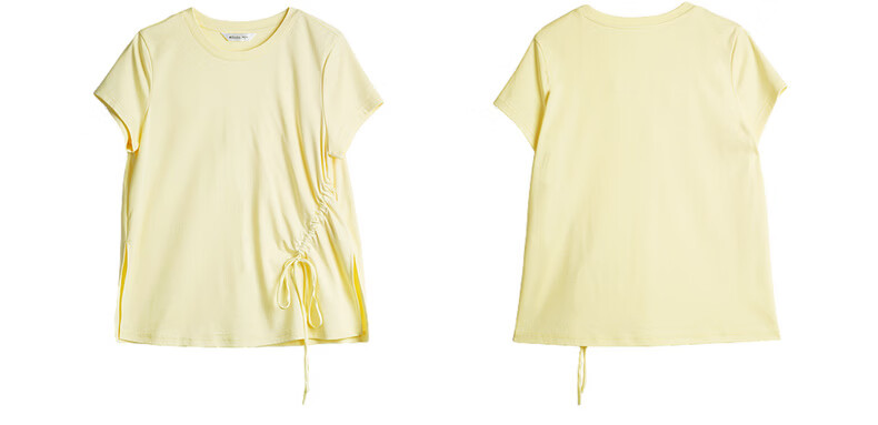 Olrain European Style Summer New French Drawstring Waist Slim Fit Short Sleeve T-Shirt Women Solid Color Versatile Top Yellow L 21