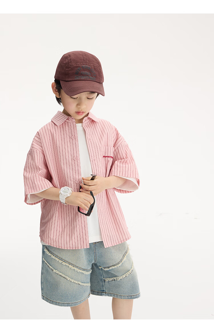 Paitown Boys' Shirt 2026 Summer New Children's Striped Loose Short Sleeve Shirt for Big Kids Trendy 18