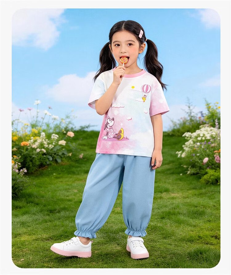 Disney Spring Summer New Girls Ice Cool Short Sleeve T-Shirt Lightweight Breathable Anti-Mosquito Long Pants Casual Set Pastel Color 100 18