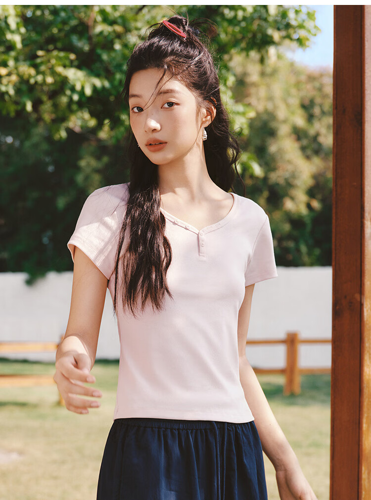Semir Women's Summer Short Sleeve V-Neck Half-Placket Pullover Slim Fit T-Shirt 2026 Top 109326100046 13