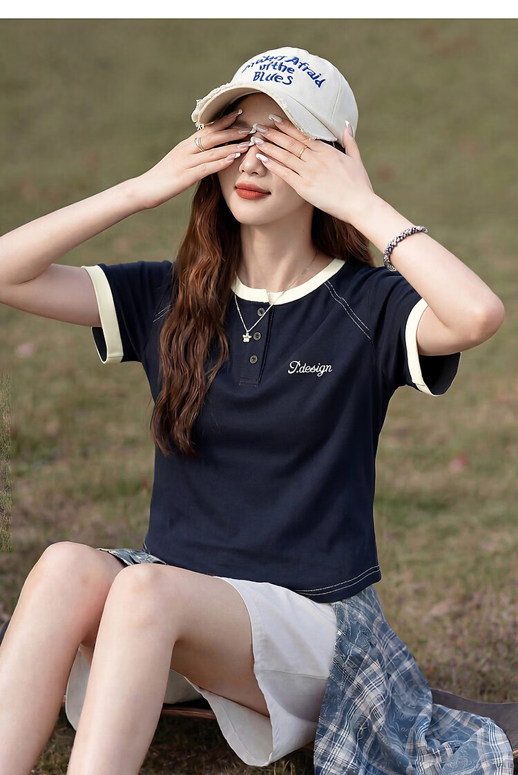 TonLion 2026 Summer Women's Colorblock Mid-Length Short Sleeve T-Shirt Navy Blue L 8