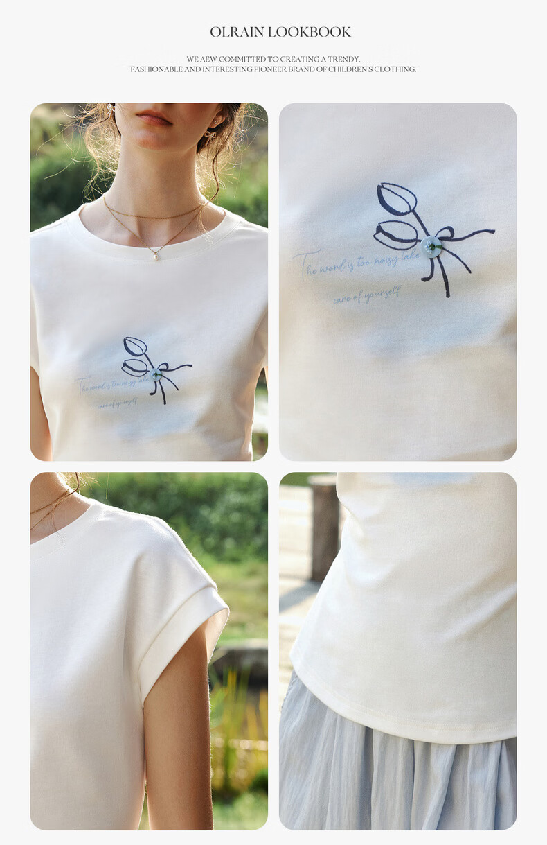 Olrain Eurier Printed Button Sleeve Top New Summer Women's White Casual Commuter Short Sleeve T-Shirt White M 11
