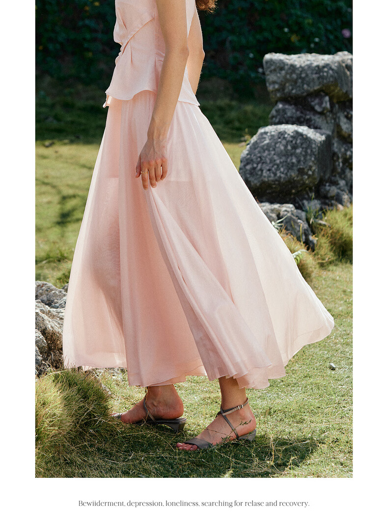 Olrain Eurier Summer Lyocell Linen Dress Women Fake Two-Piece Vest Dress Light Pink M 18