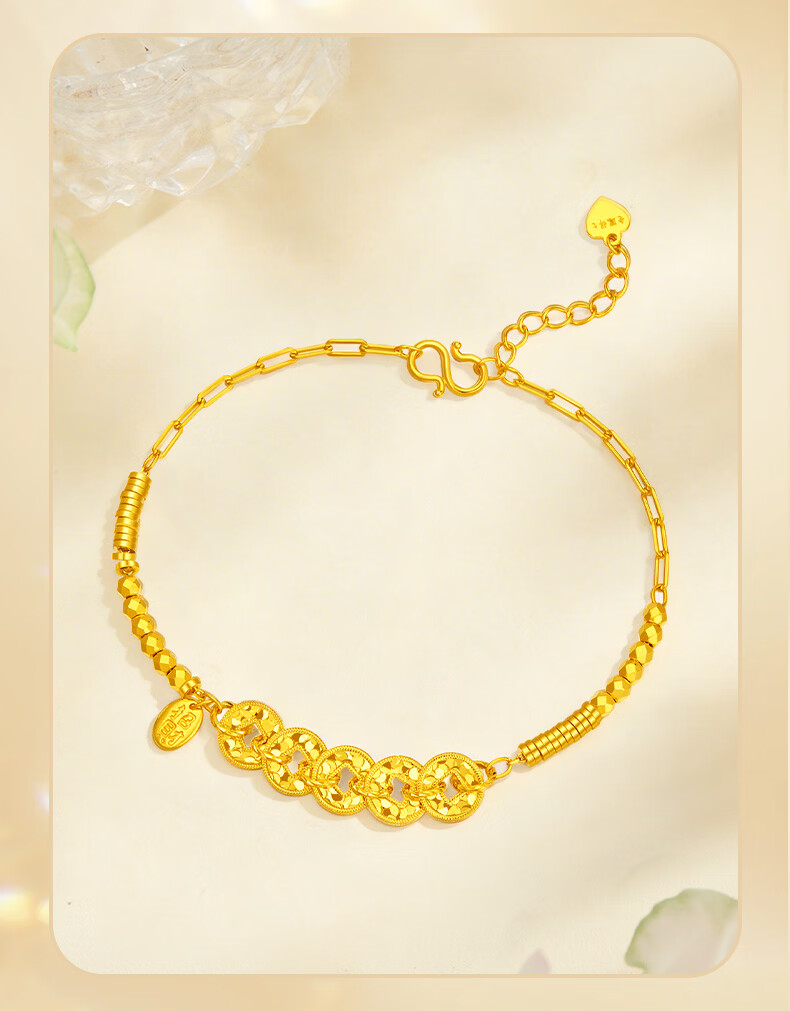 Lao Feng Xiang S925 Silver Five Emperor Coins Ice Fragment Wealth Bracelet Adjustable Women's Valentine's Day Gift for Girlfriend 7