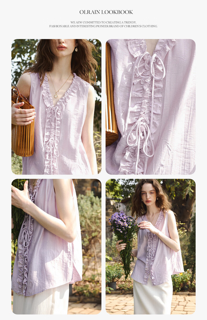 Olrain French Style Heavy Embroidered Ruffled V-Neck Sleeveless Shirt Women Summer New Loose Top Purple S 12