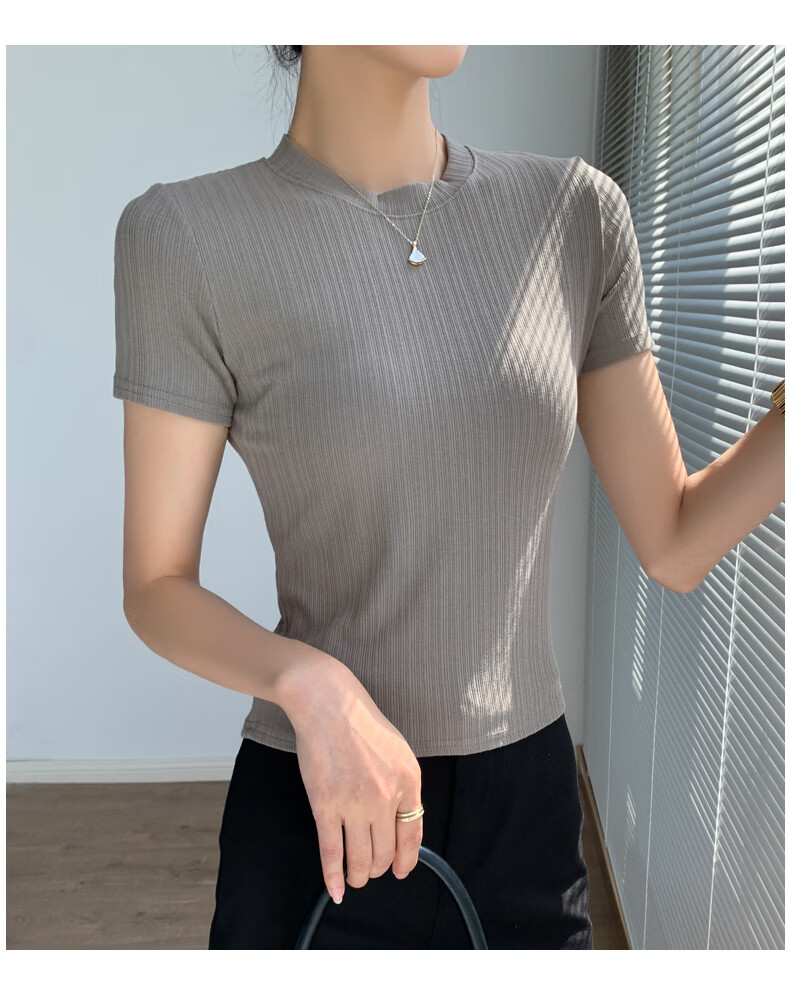Langsha Knitted Short Sleeve Base Shirt for Women Spring Summer Casual Slim Fit T-Shirt 12