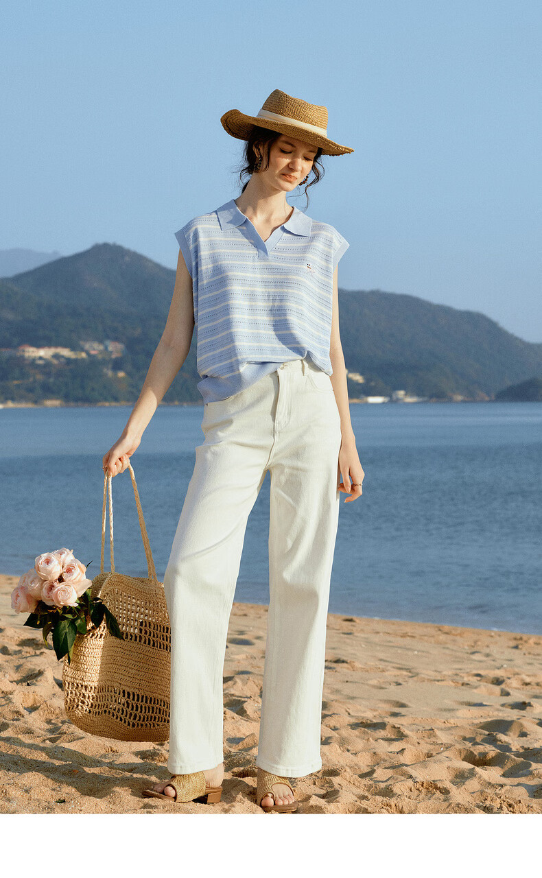 Olrain Summer New Polo Collar Color-Block Embroidered Lightweight Striped Pullover Knitwear for Women Blue Stripes L 7