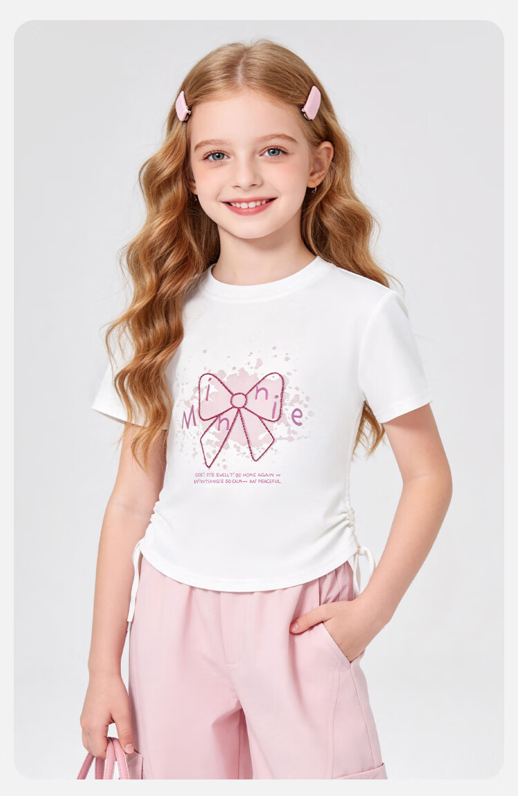 Disney Girls Bow Print T-Shirt and Drawstring Short Sleeve Cargo Wide-Leg Pants Two-Piece Set White Pink 150 14