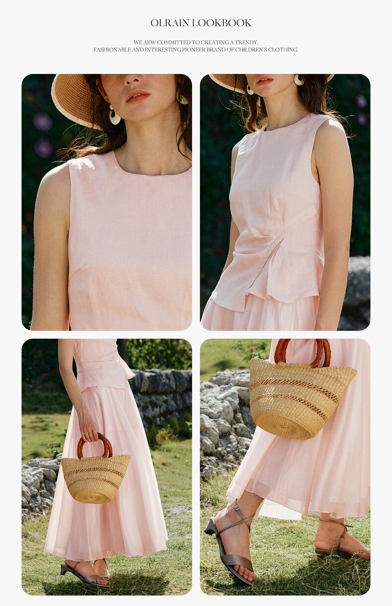 Olrain Eurier Summer Lyocell Linen Dress Women Fake Two-Piece Vest Dress Light Pink M 10