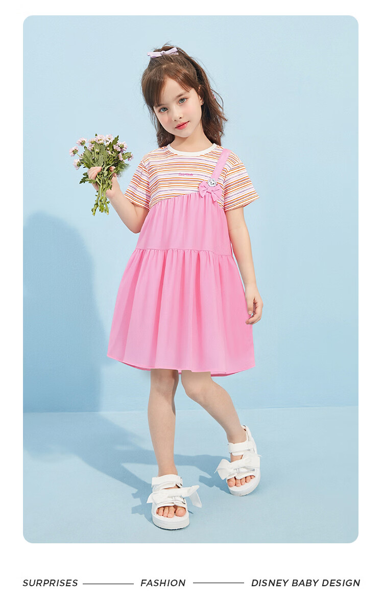 Disney Girls' Dress Big Kids Princess Dress Summer Children's Dress Faux Two-Piece Spliced Dress Peach Pink 110 14