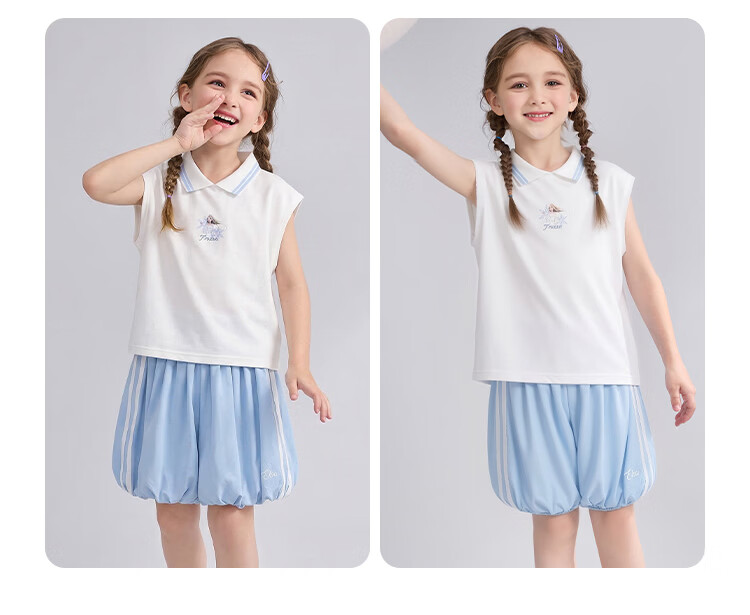 Disney Girls' Sleeveless Polo Collar Set Summer School Style Bud Shorts Two-Piece Set Off-White 160 11