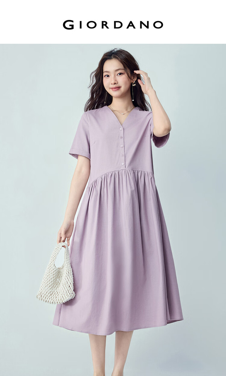 Giordano Women's Short Sleeve Dress 2026 Summer New Lyocell Cotton Spliced Pleated V-Neck Dress 13466253 3