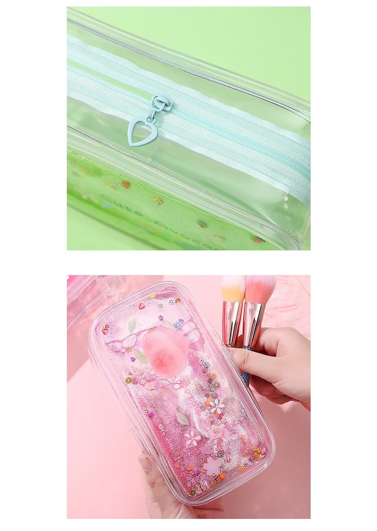 侧目 流沙笔袋樱花少女透明液体可爱大容量文具盒镭射入油网红ins少女