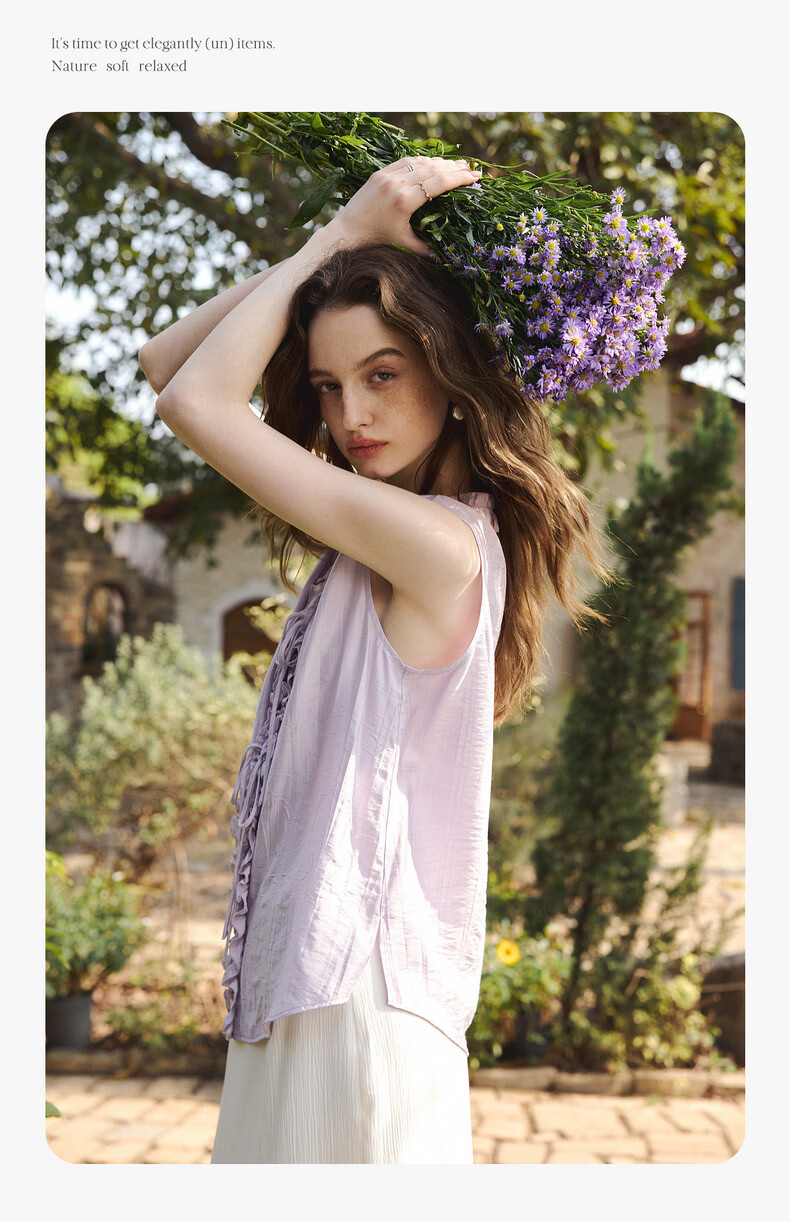 Olrain French Style Heavy Embroidered Ruffled V-Neck Sleeveless Shirt Women Summer New Loose Top Purple S 13