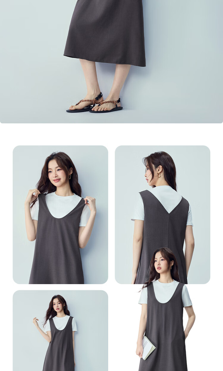 Giordano Women's Two-Piece Set Sleeveless Dress and White Short Sleeve T-Shirt U-Neck Vest Dress 13466272 15