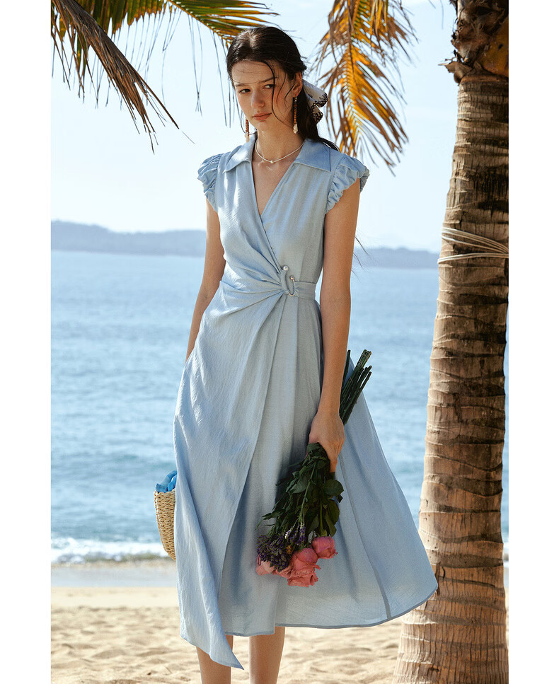 Olrain French Style Lace-Up Waist Design New Vacation Casual Puff Sleeve Dress Blue XL 13