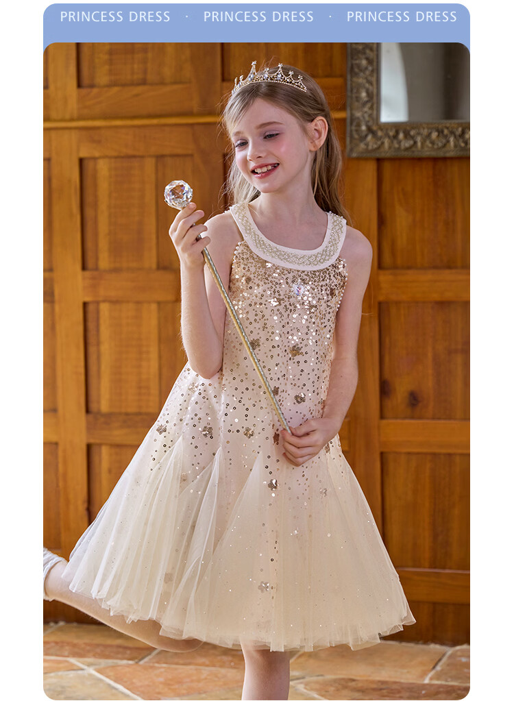 Disney Elsa Princess Dress Girls Summer 2026 New Children's Stylish Performance Costume Princess Style Kids Clothing 11