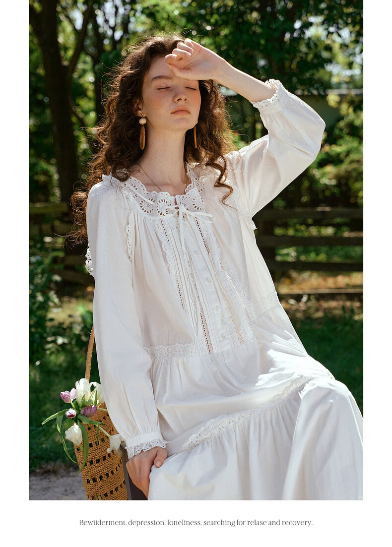 Olrain French Embroidered Hollow Lace Collar Long Sleeve Dress Women Spring Loose Elegant Long Dress White S 18