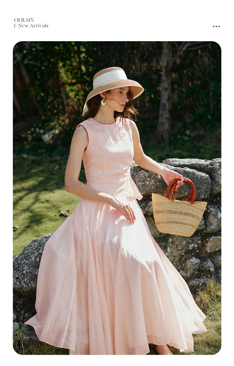 Olrain Eurier Summer Lyocell Linen Dress Women Fake Two-Piece Vest Dress Light Pink M 7
