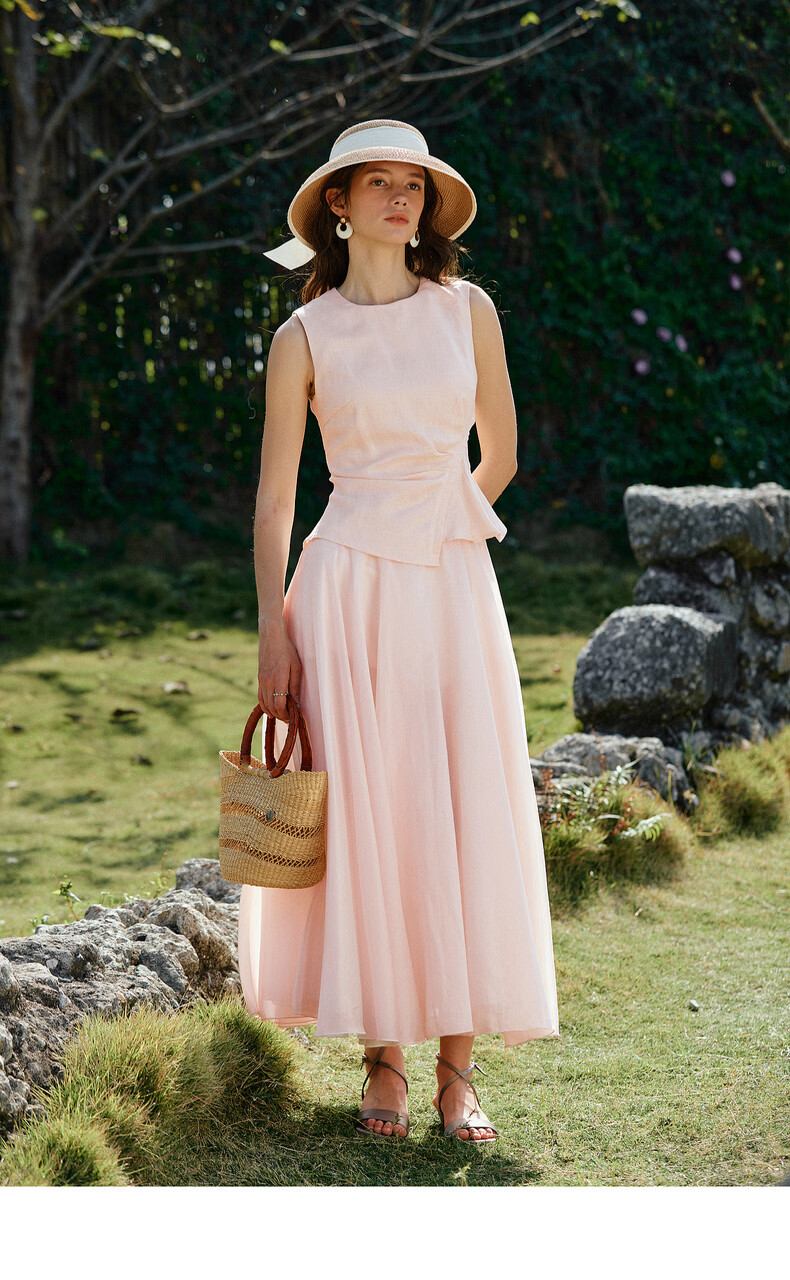 Olrain Eurier Summer Lyocell Linen Dress Women Fake Two-Piece Vest Dress Light Pink M 16