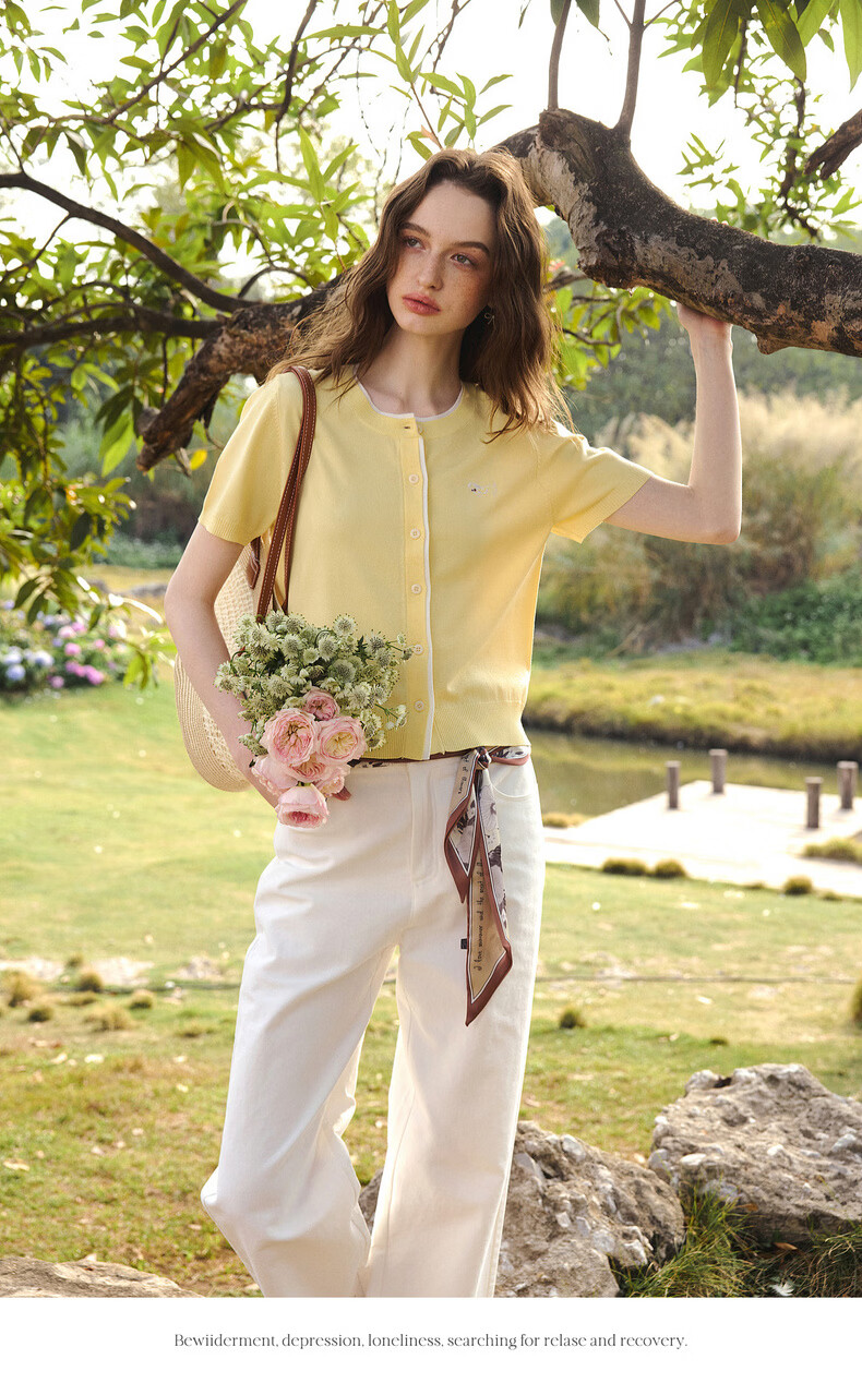 Olrain Eurielle Commuter Simple Ice Silk Fake Two-Piece Knit Cardigan Women Summer Short Sleeve Top Yellow M 16