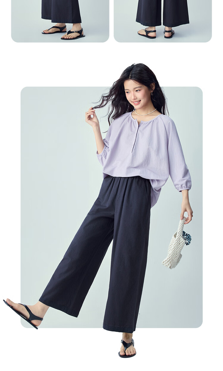 Giordano Women's Cotton Linen Pants 2026 Summer Patchwork Lace Elastic Waist Loose Cropped Wide-Leg Trousers 13426312 16