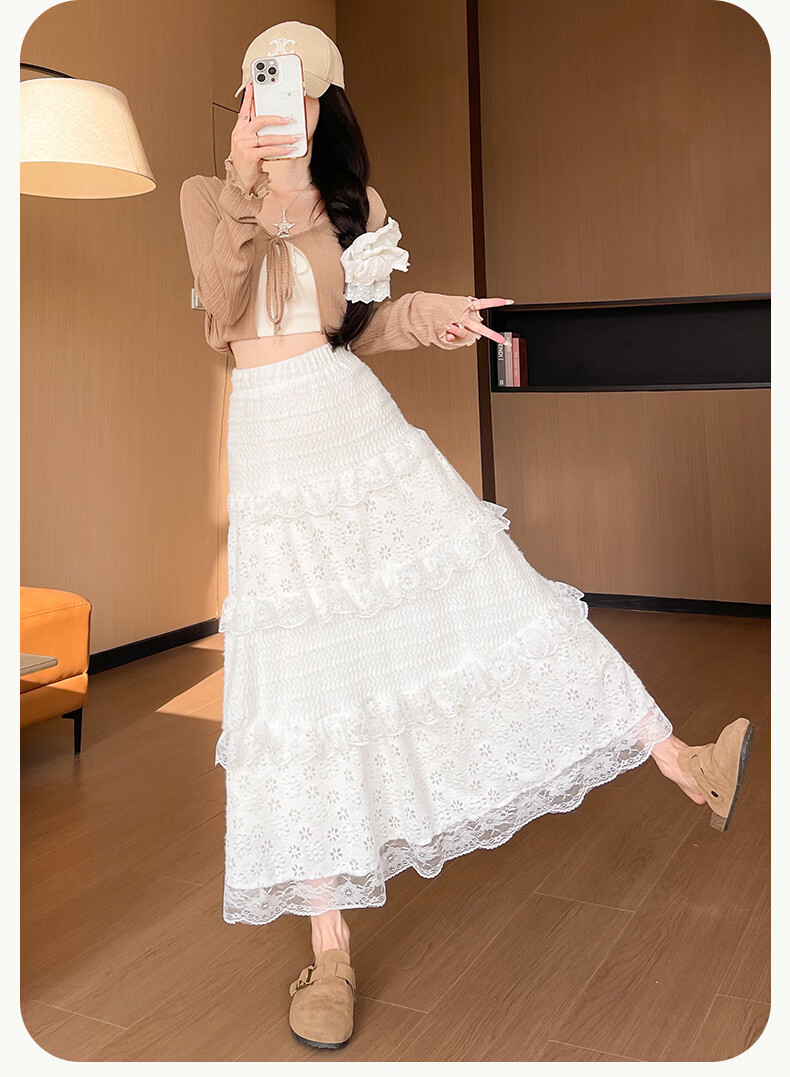 Langsha Women's Summer New Fashion Lace Cake Skirt Slim Fit A-Line Skirt Casual Versatile Skirt 18