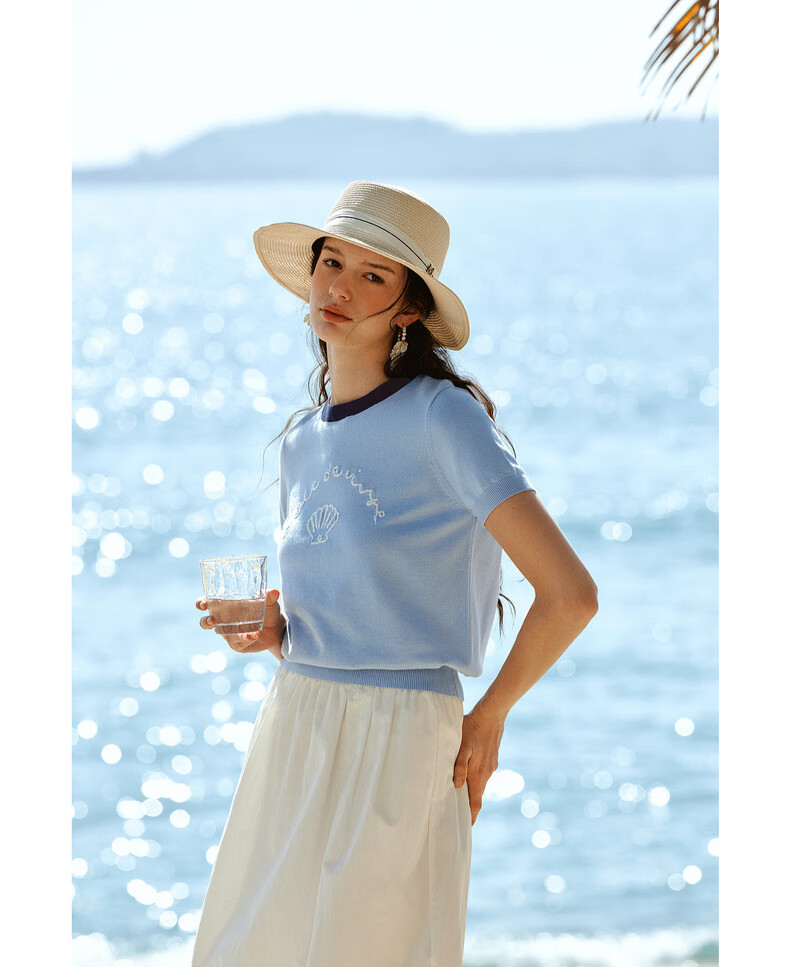 Olrain Oureier New Summer Jacquard Embroidered Round Neck Casual Short Sleeve Knit Pullover Top for Women Blue S 19