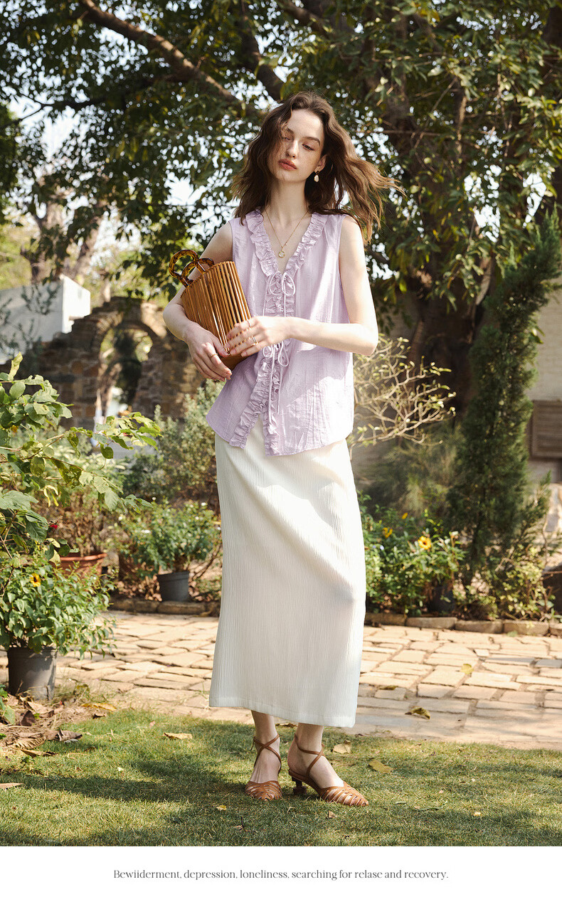 Olrain French Style Heavy Embroidered Ruffled V-Neck Sleeveless Shirt Women Summer New Loose Top Purple S 15