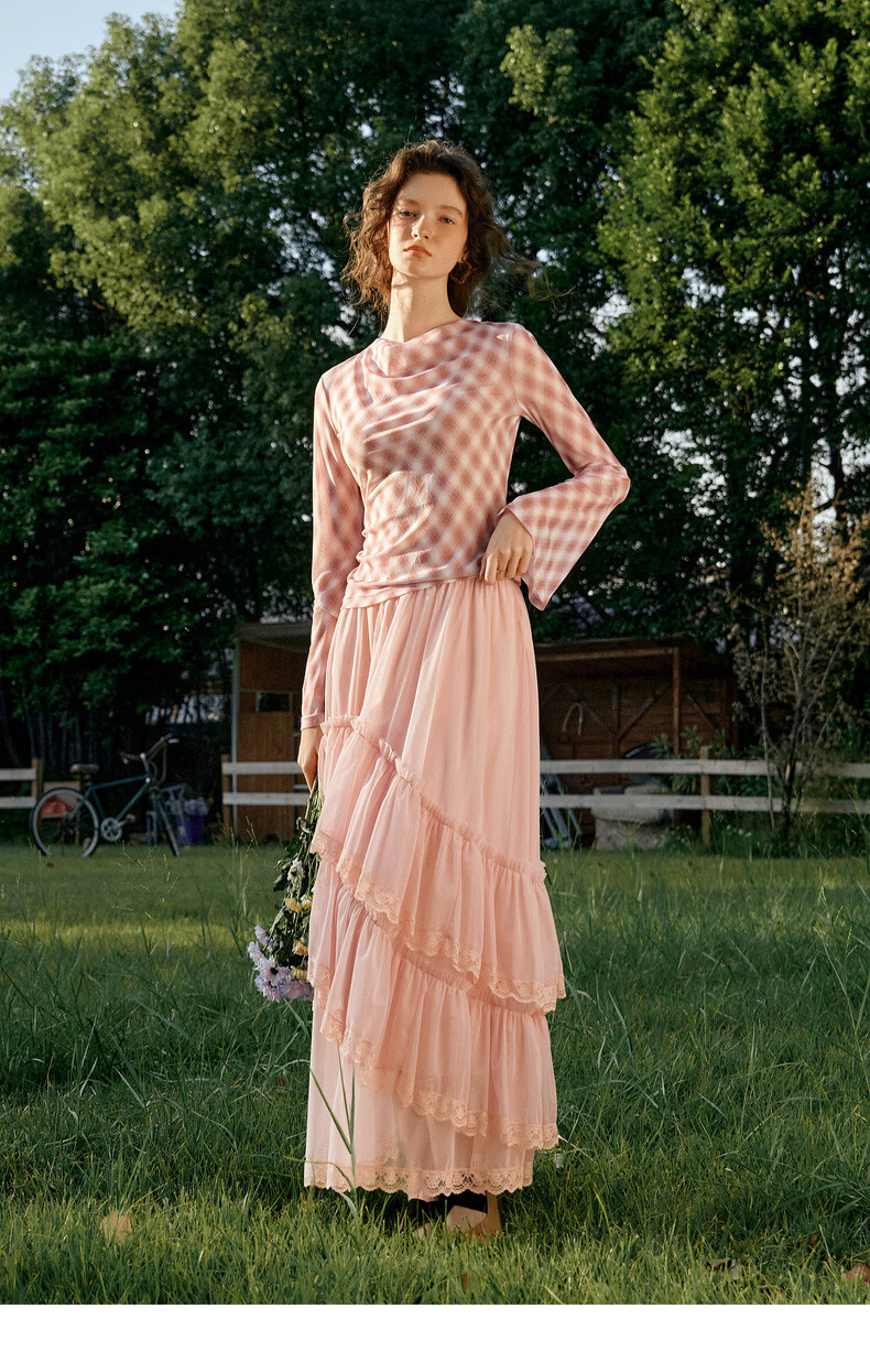 Olrain French Style Women's Skirt Spring Ruffle Lace Spliced Mesh Elegant Long Skirt Pink XL 20