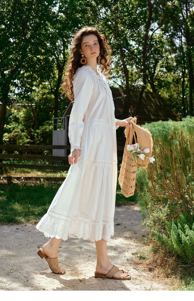 Olrain French Embroidered Hollow Lace Collar Long Sleeve Dress Women Spring Loose Elegant Long Dress White S 22
