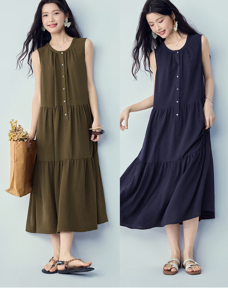 Giordano Women's Loose Sleeveless Dress Wrinkled Texture Crushed Pleated Round Neck Tank Dress 13466265 7