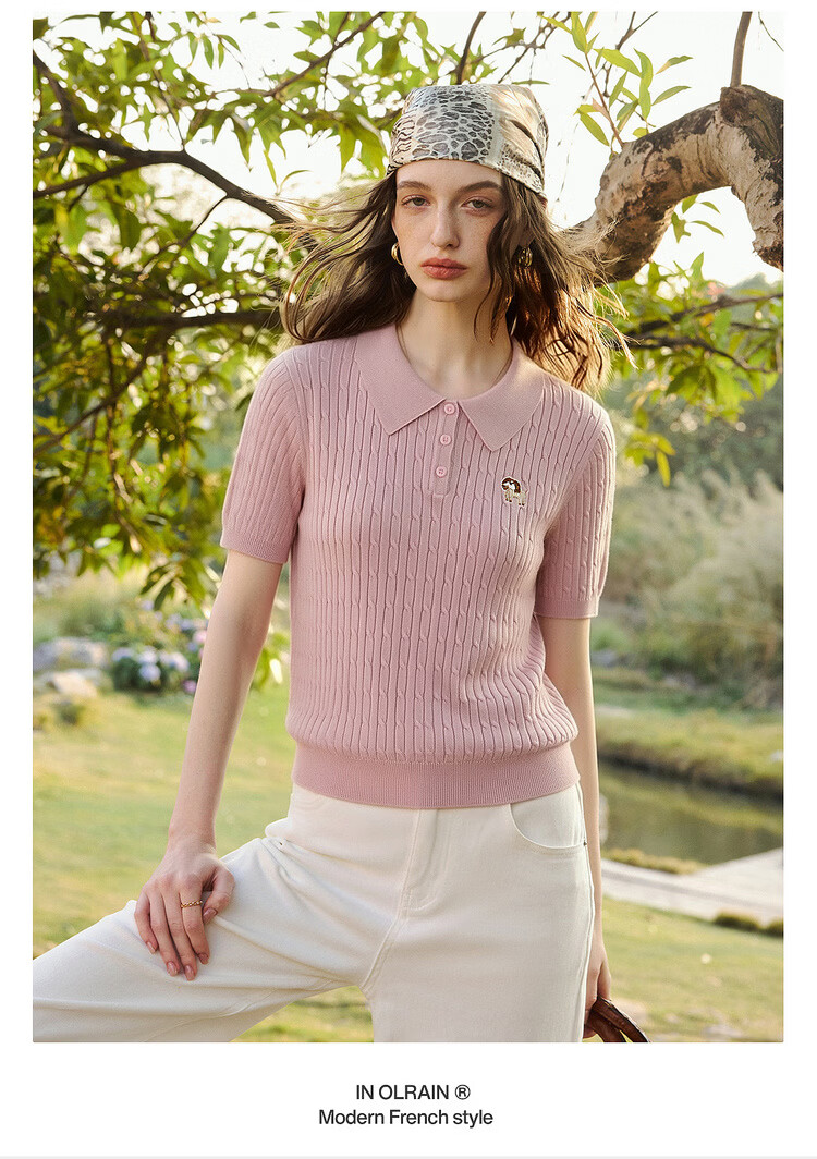 Olrain Oureier Twisted Flower Polo Collar Vintage Commuter Knit Pullover Women's Summer Simple Top Pink M 3