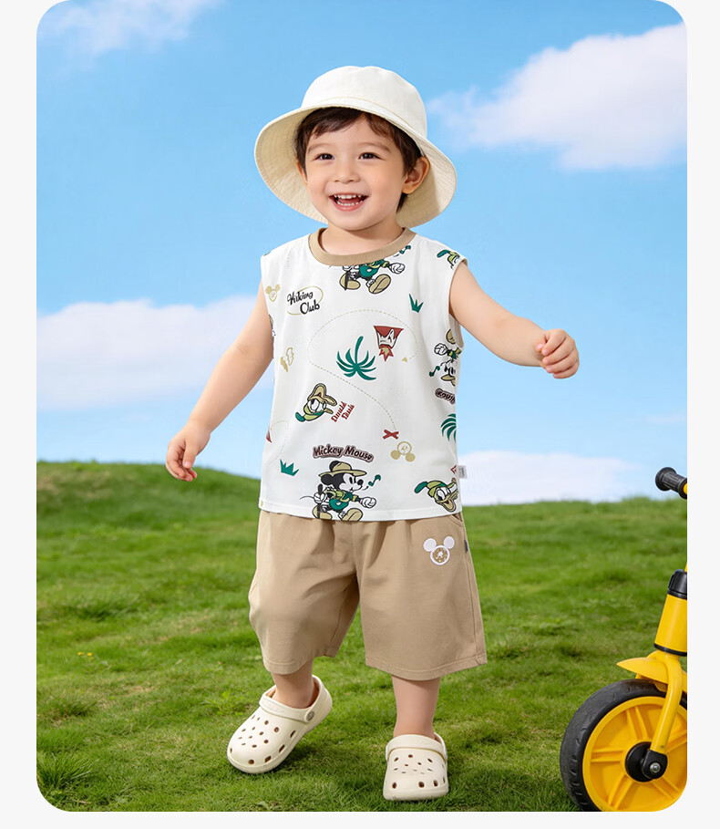 Disney Summer New Boys' Cooling Set Mickey Breathable Vest T-Shirt Casual Shorts Sports Two-Piece Set Khaki 130 16