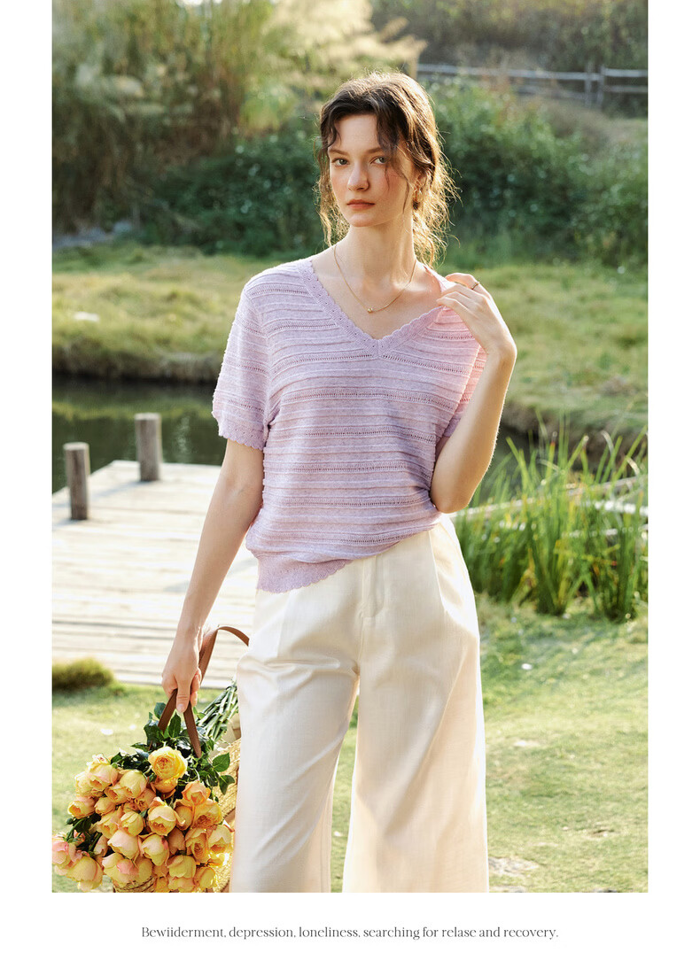 Olrain Purple V-Neck Hollow Casual Simple Short Sleeve Pullover Knit Top for Women, Size M 17